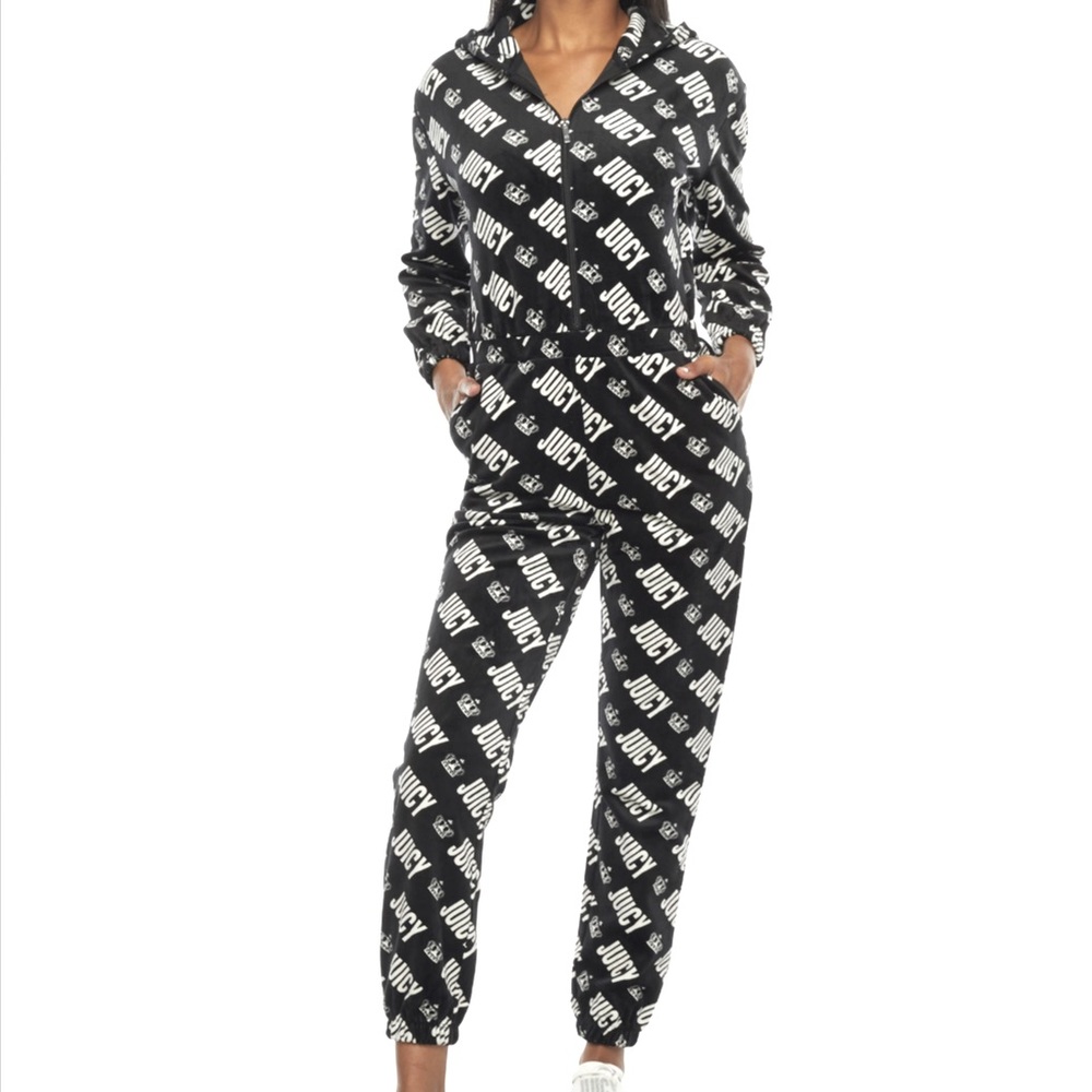 Juicy by Juicy Couture Velour Crown Logo Black Velvet Jumpsuit Hoodie Romper S